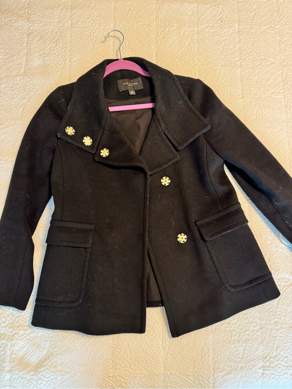Ann Taylor Black Wool Blend Peacoat with Gold-Tone Buttons